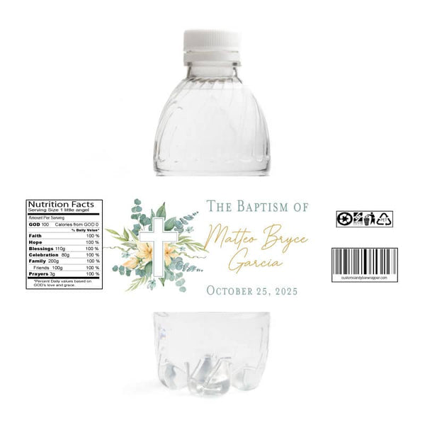 Greenery Cross Baptism Water Bottle Labels - Announce It!